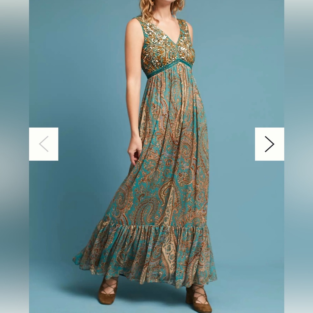 Anthropologie Beaded Paisley Maxi Dress Size 8